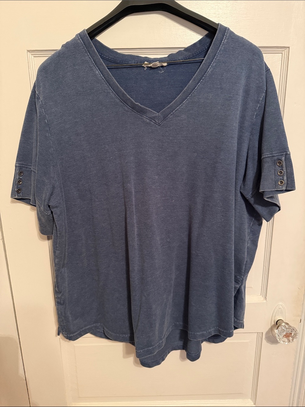 Jane and Delancey Washed Blue V-Neck Short Sleeve Tee with Button Tab Sleeves